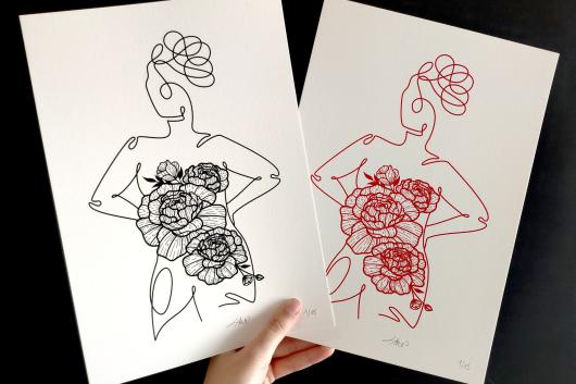 Illustrations Pivoine A4 rouge ou noir