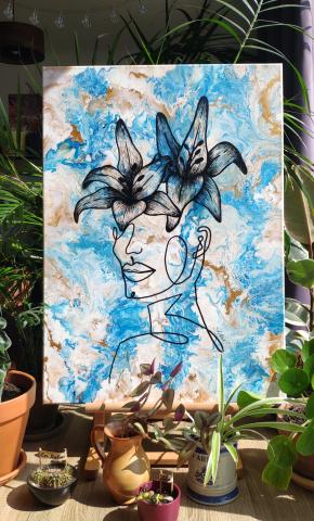 Toile LYS - marbré bleu et doré et dessin en une ligne d'une femme cachée par deux fleurs de lys